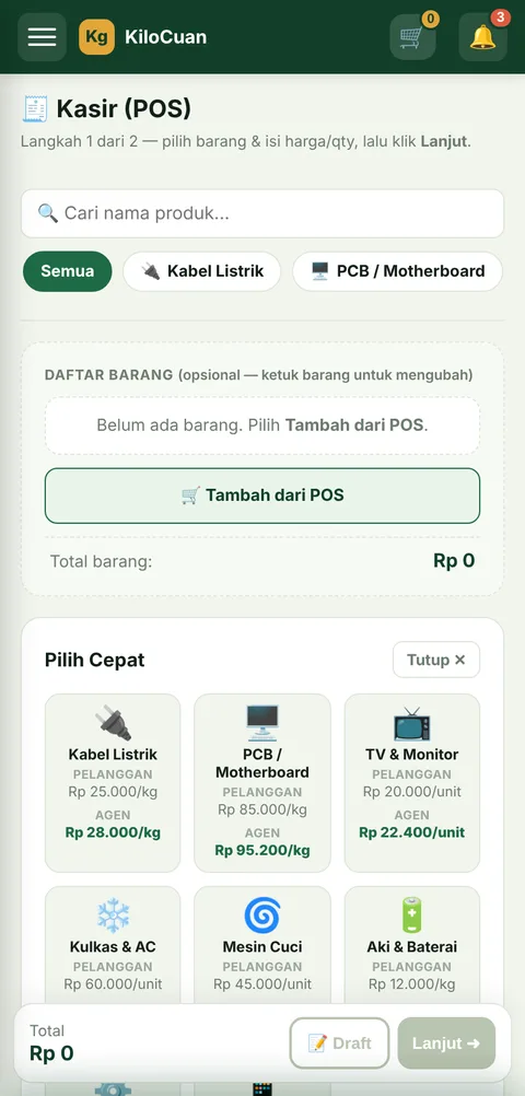 Tampilan Kasir (POS) panel agen