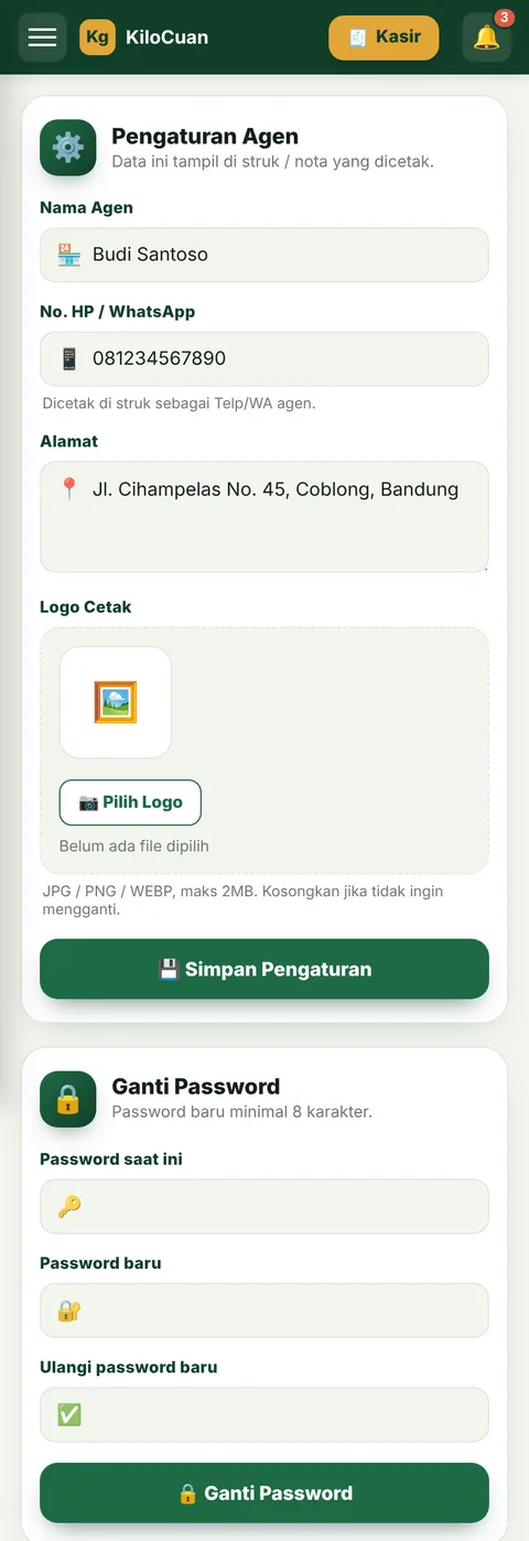Tampilan Pengaturan panel agen