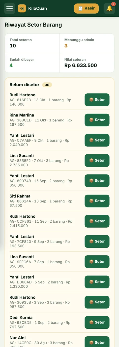 Tampilan Riwayat Setor Barang panel agen