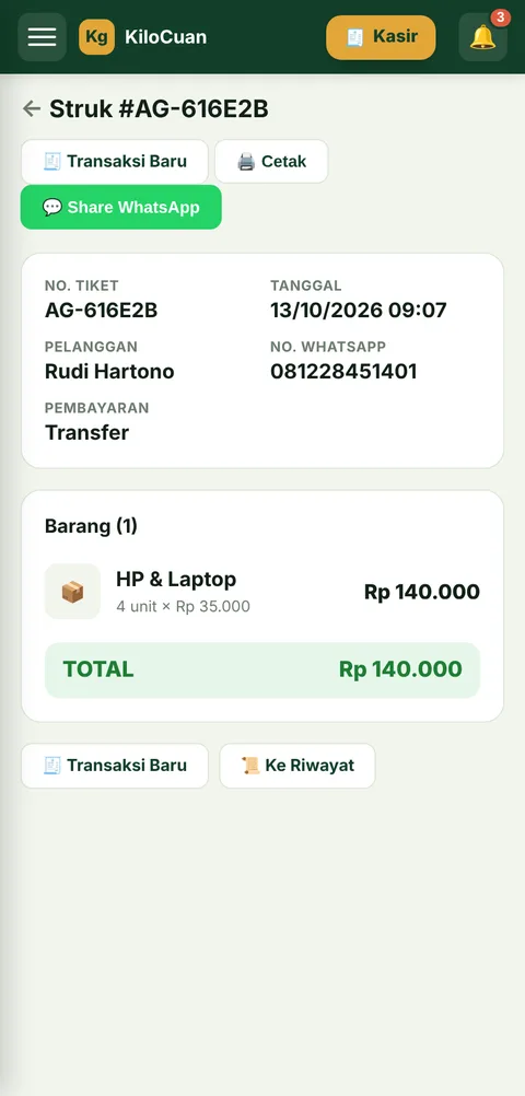 Tampilan Struk panel agen