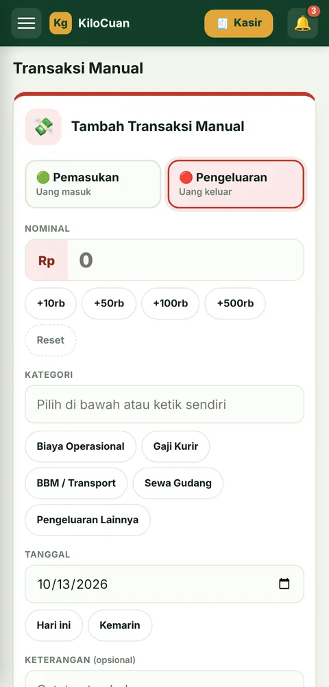 Tampilan Transaksi Manual panel agen